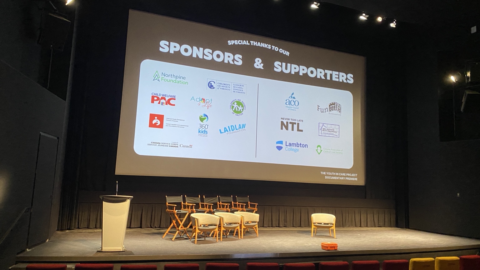 Sponsors and supporters acknowledged on the cinema screen at the premiere